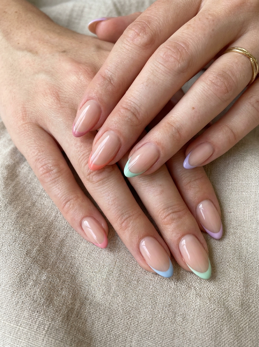 Elegant Multicolor French Tips mit harmonisch abgestimmten farbigen Spitzen